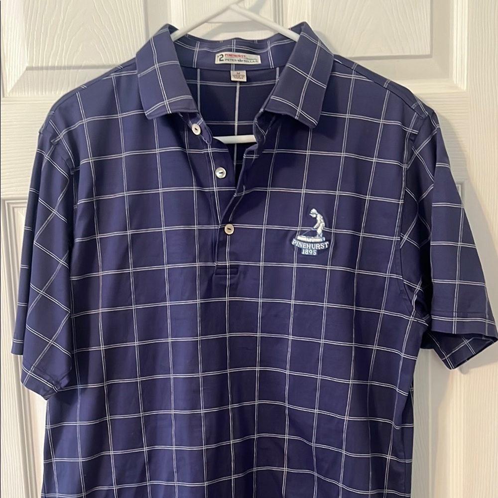 Men's Blue Checkered Peter Millar Polo Shirt with Pinehurst 1895 Embroidery